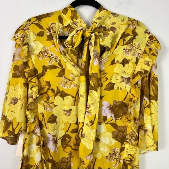 Happy x Nature Shift Dress Yellow Floral Ruffles Pockets Tie Neck NWT Women's M - Picture 8 of 10